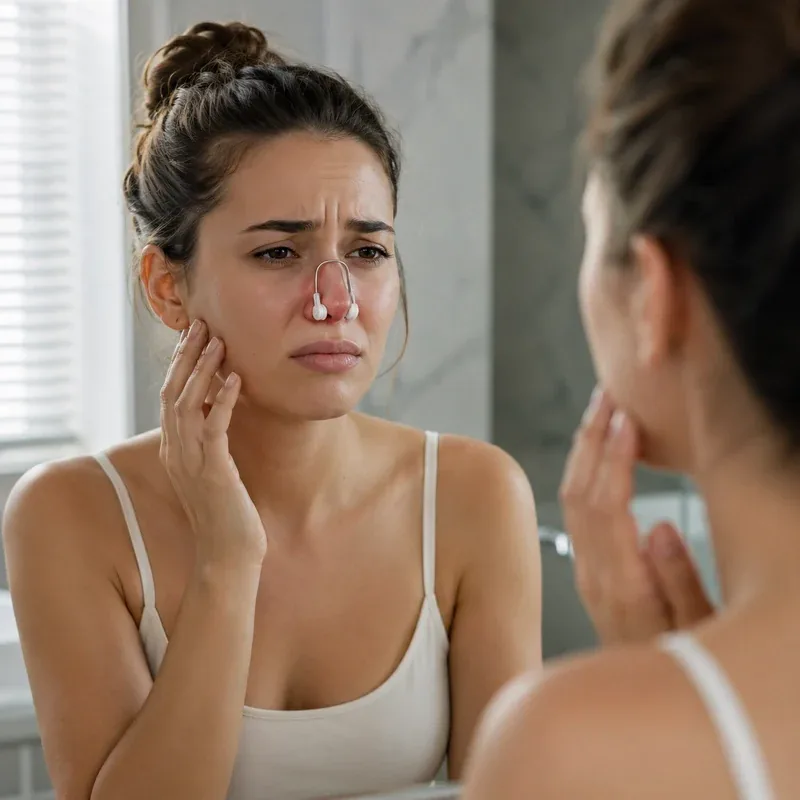 Woman frustrated with her nose in the mirror